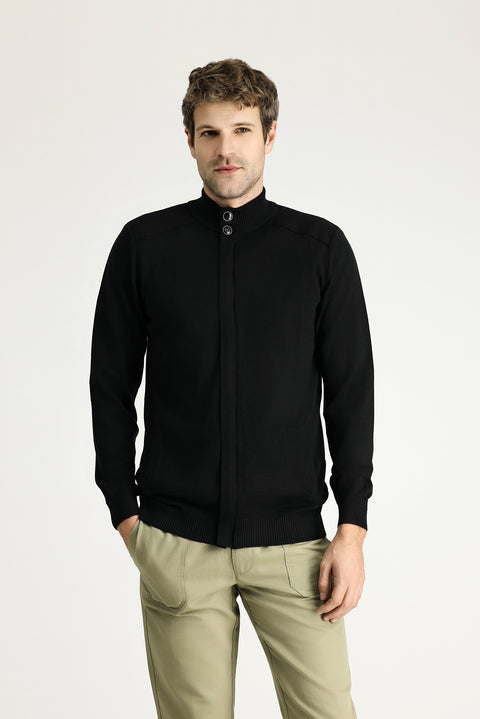 Siyah Fermuarlı Pamuklu Triko Hırka