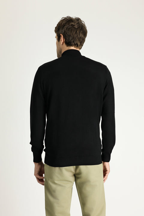 Black Zip-Up Cotton Knit Cardigan