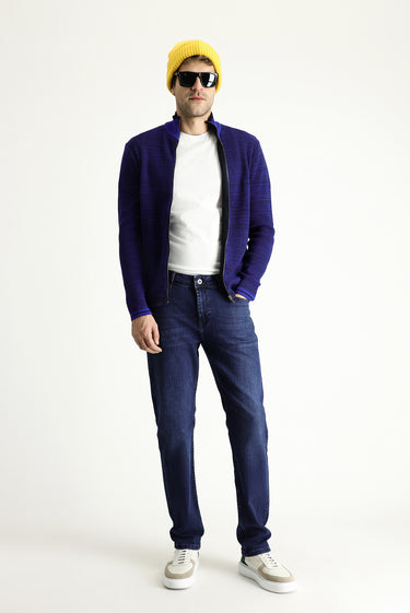  Koyu Lacivert Slim Fit Dar Kesim Fermuarlı Pamuklu Triko Hırka