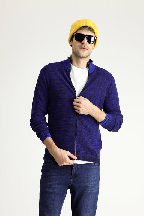 Koyu Lacivert Slim Fit Dar Kesim Fermuarlı Pamuklu Triko Hırka