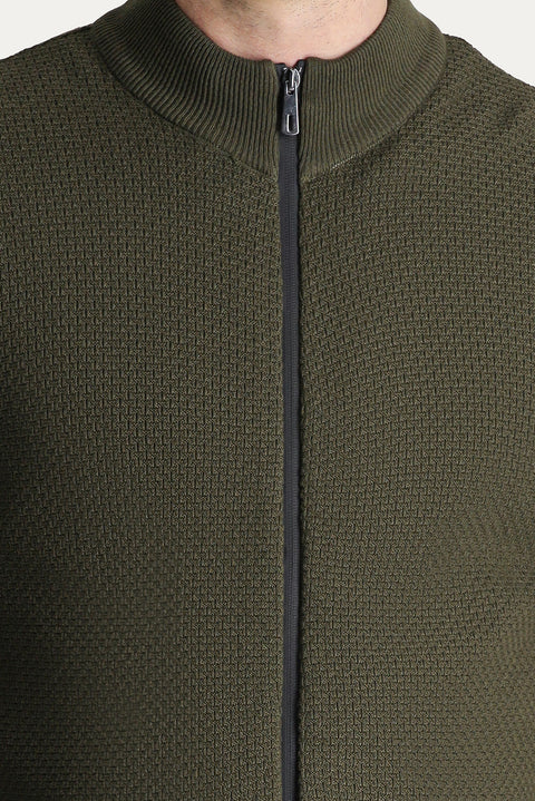 Orta Haki Slim Fit Dar Kesim Desenli Pamuklu Triko Hırka