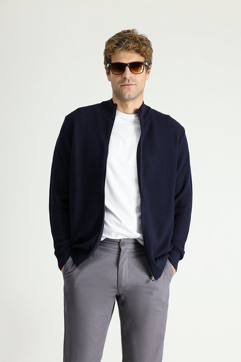 Koyu Lacivert Dik Yaka Fermuarlı Regular Fit Desenli Pamuklu Triko Hırka