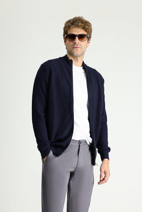 Koyu Lacivert Dik Yaka Fermuarlı Regular Fit Desenli Pamuklu Triko Hırka