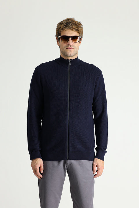 Koyu Lacivert Dik Yaka Fermuarlı Regular Fit Desenli Pamuklu Triko Hırka