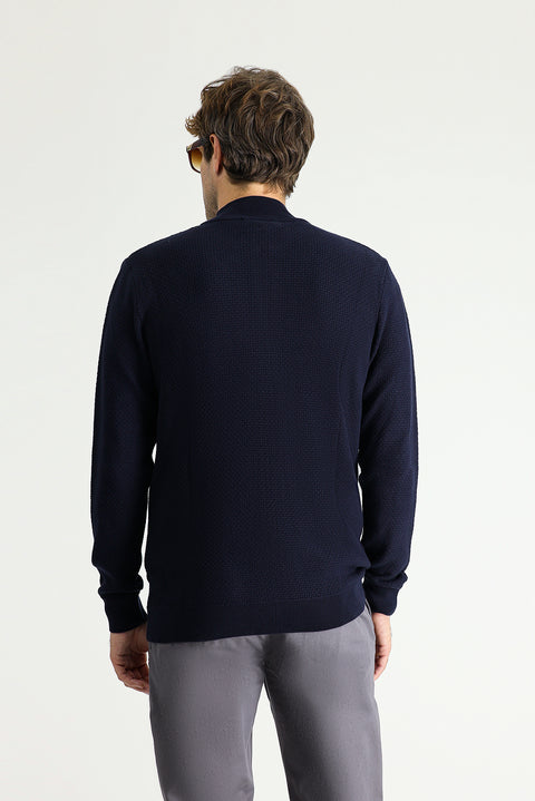 Koyu Lacivert Dik Yaka Fermuarlı Regular Fit Desenli Pamuklu Triko Hırka