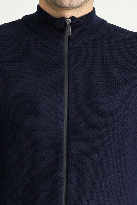 Koyu Lacivert Dik Yaka Fermuarlı Regular Fit Desenli Pamuklu Triko Hırka