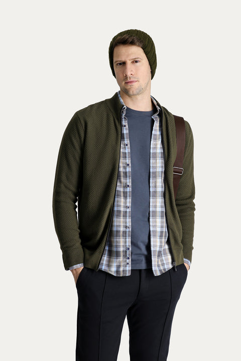 Orta Haki Dik Yaka Fermuarlı Regular Fit Desenli Pamuklu Triko Hırka