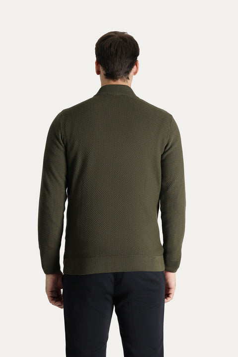 Orta Haki Dik Yaka Fermuarlı Regular Fit Desenli Pamuklu Triko Hırka