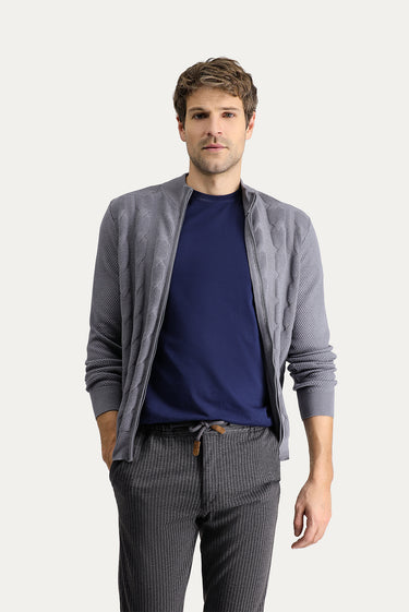  Orta Gri Melanj Regular Fit Yünlü Desenli Pamuklu Triko Hırka