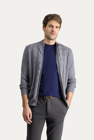  Orta Gri Melanj Regular Fit Yünlü Desenli Pamuklu Triko Hırka