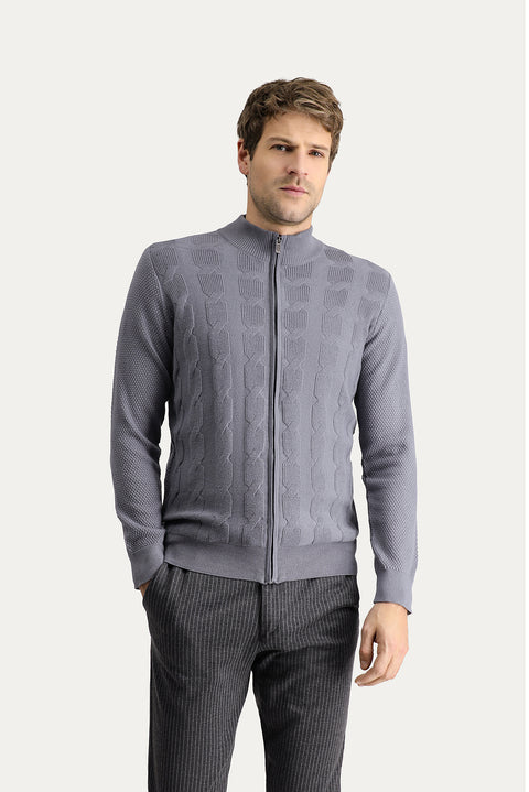 Orta Gri Melanj Regular Fit Yünlü Desenli Triko Hırka