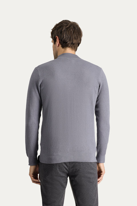 Orta Gri Melanj Regular Fit Yünlü Desenli Triko Hırka