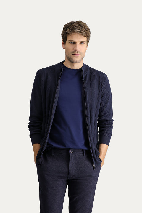 Koyu Lacivert Regular Fit Yünlü Desenli Triko Hırka