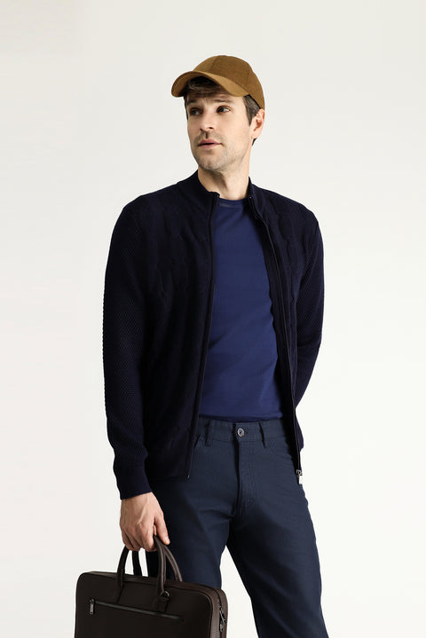 Koyu Lacivert Fermuarlı Yünlü Triko Hırka