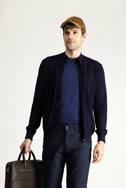 Koyu Lacivert Fermuarlı Yünlü Triko Hırka