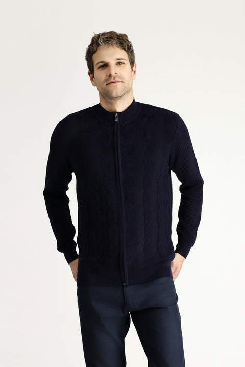 Koyu Lacivert Fermuarlı Yünlü Triko Hırka