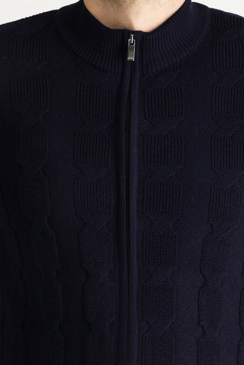 Koyu Lacivert Fermuarlı Yünlü Triko Hırka