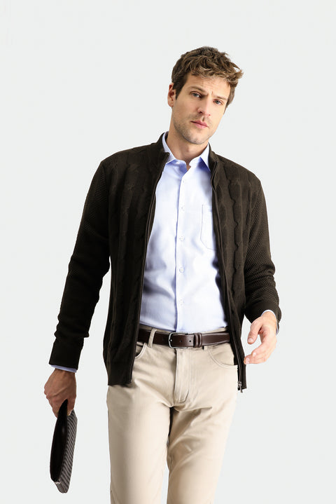 Orta Kahve Fermuarlı Yünlü Triko Hırka