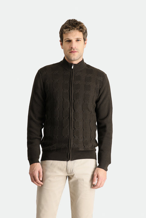 Orta Kahve Fermuarlı Yünlü Triko Hırka