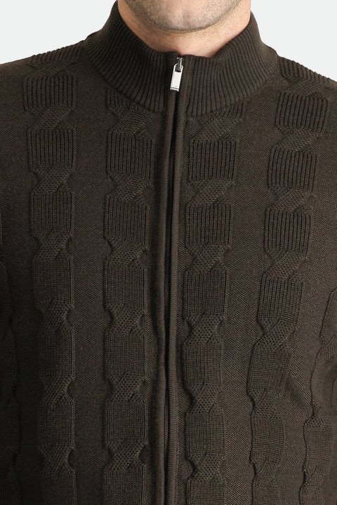 Orta Kahve Fermuarlı Yünlü Triko Hırka