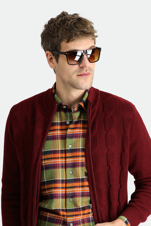 Koyu Kırmızı Fermuarlı Yünlü Triko Hırka