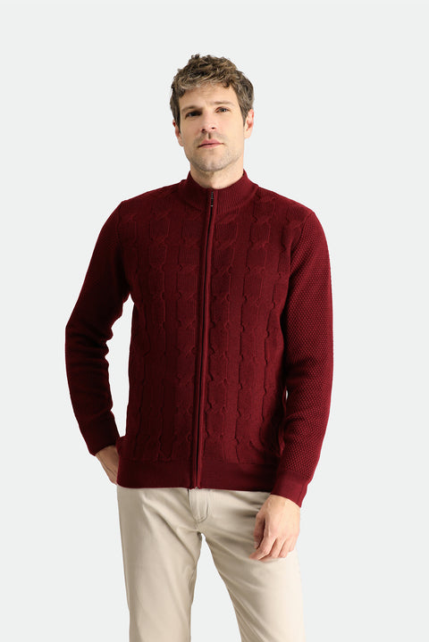 Koyu Kırmızı Fermuarlı Yünlü Triko Hırka