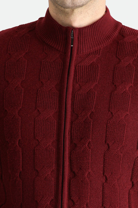 Koyu Kırmızı Fermuarlı Yünlü Triko Hırka