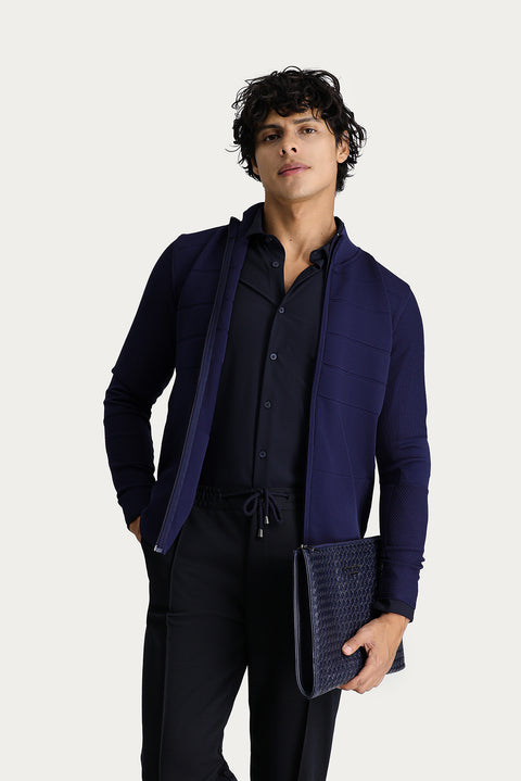 Koyu Lacivert Slim Fit Dar Kesim Fermuarlı Triko Hırka
