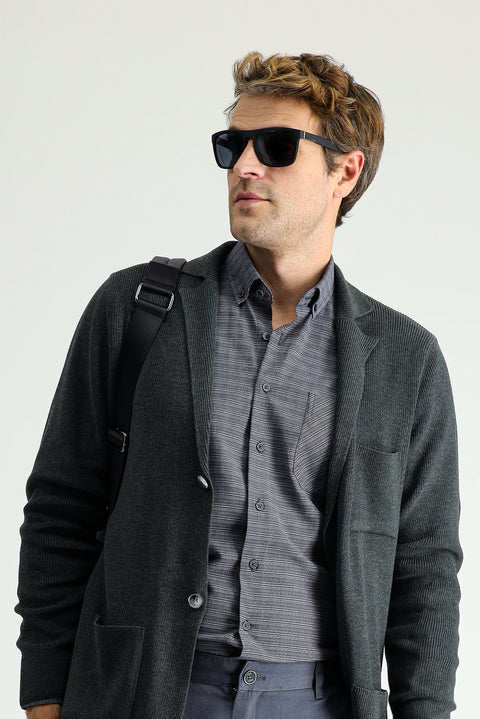 Koyu Antrasit Melanj Regular Fit Cepli Düğmeli Pamuklu Triko Hırka