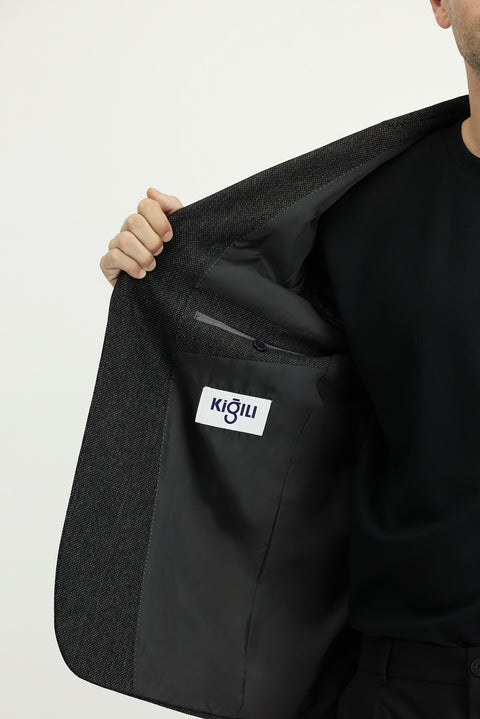 Siyah 6 Drop Regular Fit Standart Kesim Desenli Likralı Spor Ceket