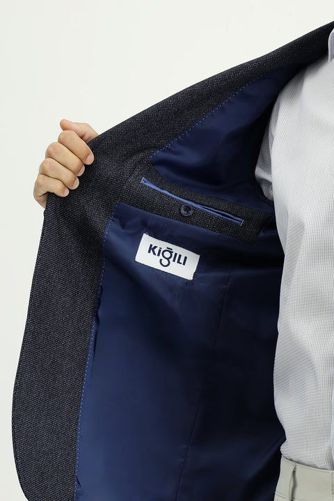 Koyu Lacivert 6 Drop Regular Fit Standart Kesim Desenli Likralı Spor Ceket