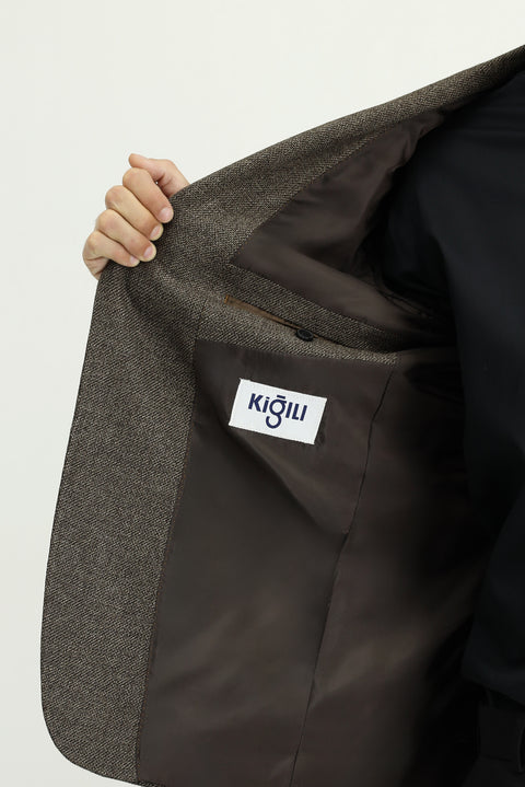 Koyu Kahve 6 Drop Regular Fit Standart Kesim Desenli Likralı Spor Ceket