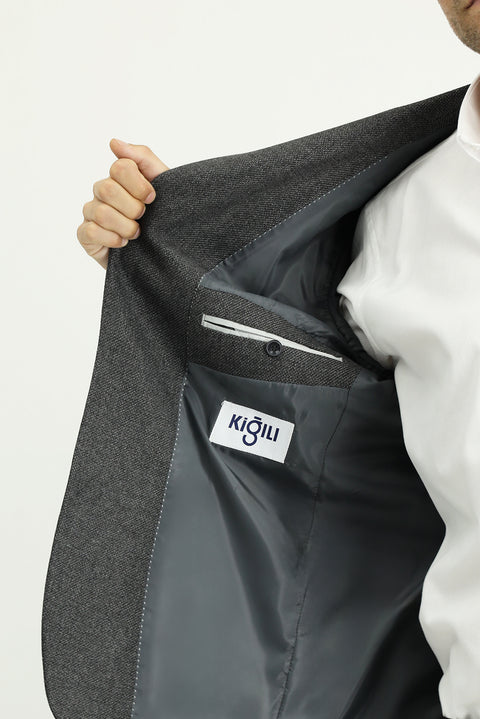 Orta Antrasit 6 Drop Regular Fit Standart Kesim Desenli Likralı Spor Ceket