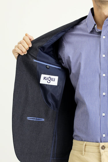 Koyu Lacivert Super Slim Fit Ekstra Dar Kesim Desenli Spor Ceket
