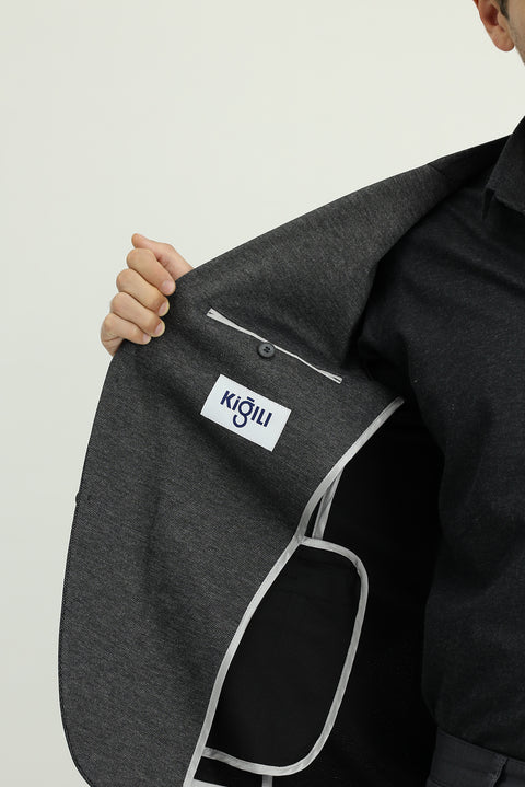 Koyu Füme 7 Drop Super Slim Fit Eksra Dar Kesim Klasik Desenli Örme Ceket