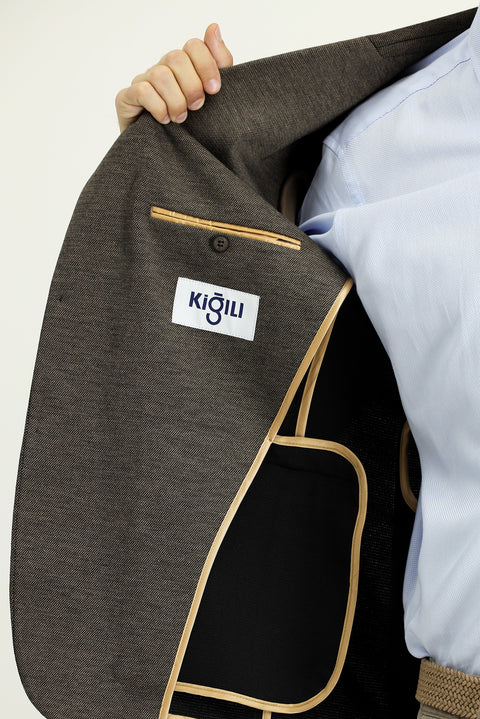 Açık Kahve  7 Drop Slim Fit Dar Kesim Klasik Desenli Örme Ceket