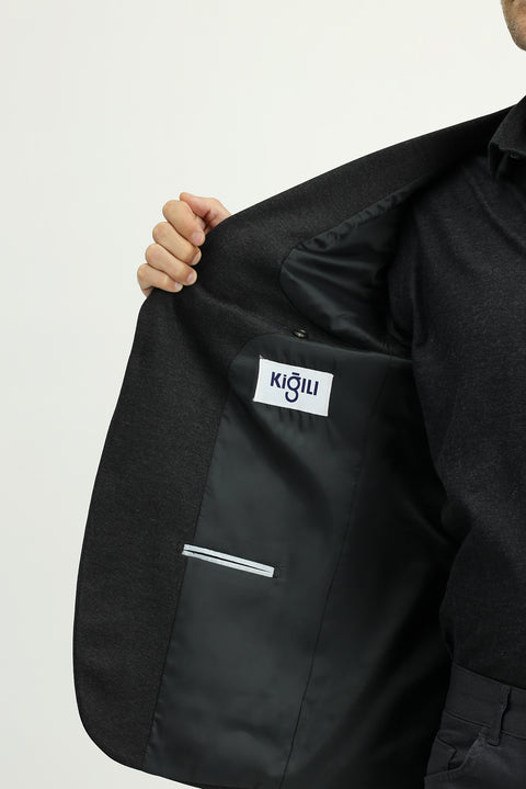 Koyu Antrasit 6 Drop Regular Fit Standart Kesim Klasik Desenli Örme Ceket