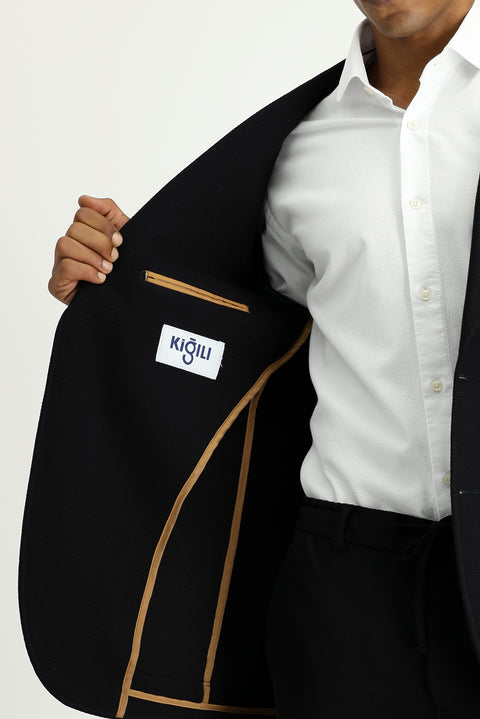 Siyah 7 Drop Slim Fit Dar Kesim Desenli Pamuklu Ceket