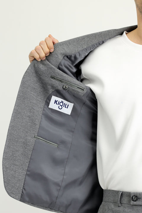 Orta Gri Melanj 7 Drop Super Slim Fit Eksra Dar Kesim Klasik Desenli Pamuklu Örme Ceket