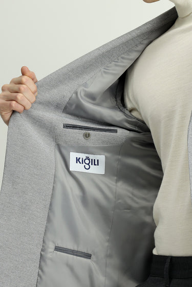 Orta Gri Melanj Regular Fit Desenli Klasik Pamuklu Ceket