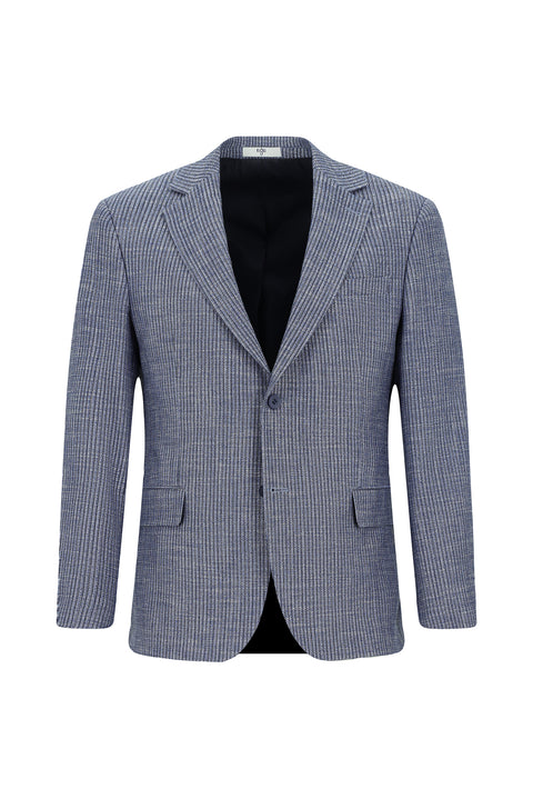 Koyu Lacivert 6 Drop Regular Fit Standart Kesim Desenli Keten Karışımlı Ceket