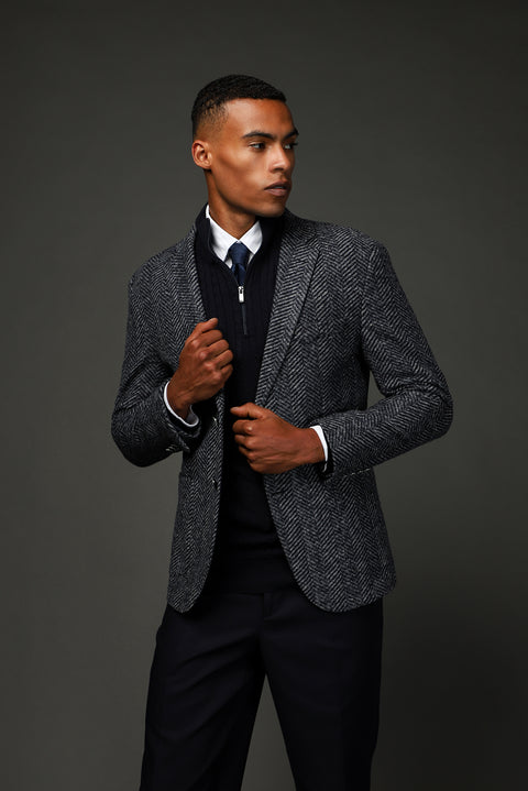 Koyu Lacivert 7 Drop Slim Fit Dar Kesim Yünlü Balıksırtı Spor İtalyan Ceket