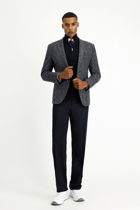 Koyu Lacivert 7 Drop Slim Fit Dar Kesim Yünlü Balıksırtı Spor İtalyan Ceket