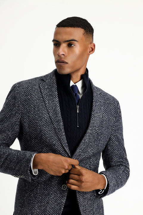 Koyu Lacivert 7 Drop Slim Fit Dar Kesim Yünlü Balıksırtı Spor İtalyan Ceket