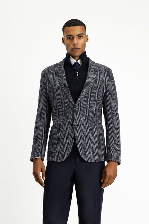 Koyu Lacivert 7 Drop Slim Fit Dar Kesim Yünlü Balıksırtı Spor İtalyan Ceket