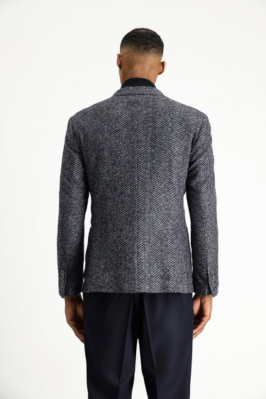 Koyu Lacivert Slim Fit Dar Kesim Yünlü Balıksırtı Spor İtalyan Ceket
