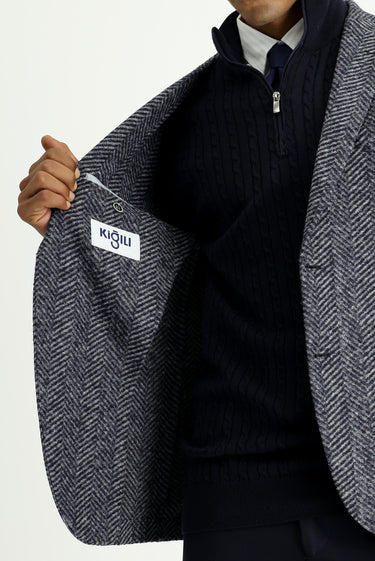 Koyu Lacivert Slim Fit Dar Kesim Yünlü Balıksırtı Spor İtalyan Ceket