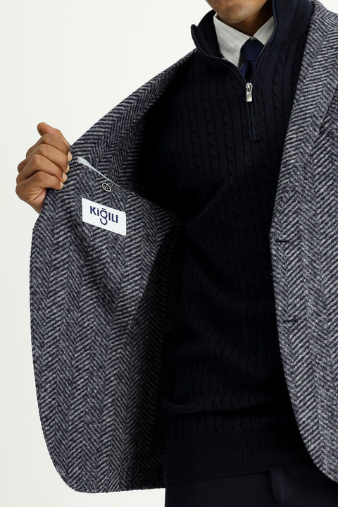 Koyu Lacivert 7 Drop Slim Fit Dar Kesim Yünlü Balıksırtı Spor İtalyan Ceket