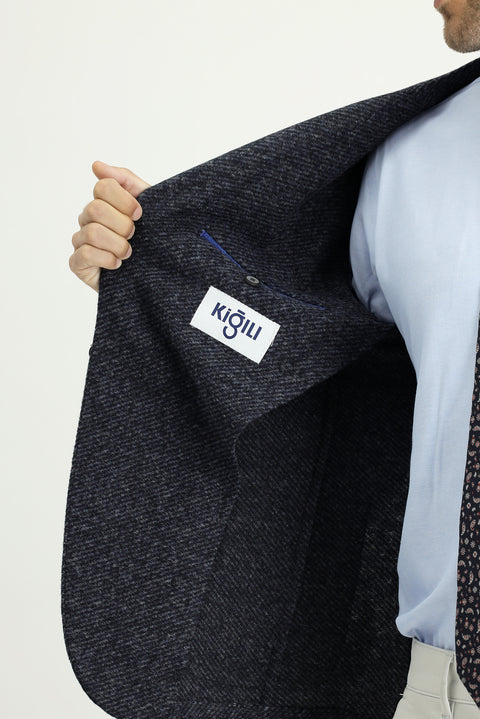 Koyu Lacivert 7 Drop Slim Fit Dar Kesim Yünlü Çizgili Spor İtalyan Ceket