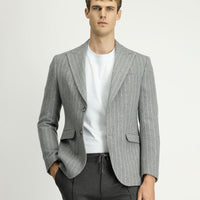 Orta Gri Melanj Slim Fit Dar Kesim Yünlü Çizgili Klasik Ceket